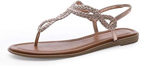CentroPoint Women's Braided T-strap Thong Slip On Flat Sandals With Elastic Brand Roman Gladiator Fashion Flip Flop Shoes(Rose Gold, Numeric_8)