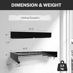 Wall Mounted Laundry Drying Rack Retractable Foldable 315 Wide 132 Linear Ft 5 Heavy Duty Aluminum Rods 60 lb Capacity Space Saving Design Easy Installation IndoorOutdoor Black