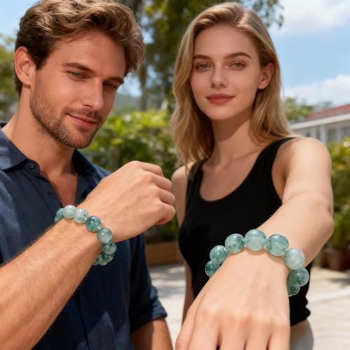 JIAZHIXI Natural Ice Floating Flower Jade Beaded Bracelet, Elastic Handmade Healing Gemstone Bracelet for Women & Men, Fengshui Luck Wealth Protection Jewelry for Reiki Meditation Yoga (12mm) - image 8
