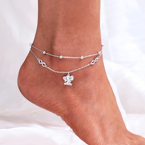 Image of CHIC & ARTSY 925 Sterling Silver Ankle Bracelets for Women, Adjustable Layered Foot Chains with Nature & Symbol Charms, Lightweight Comfort Fit Boho Beach Everyday Jewelry