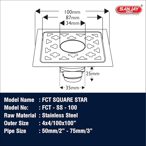 Image of Stainless Steel Floor Drain Cockroach Trap 4x4 INCH with Hole for Bathroom | Waste Water Drainer in Luxurious Bathroom Gratings Hair Catcher (101 mm Square Star Silver)