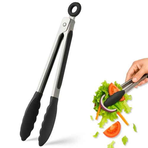 Pinzas de cocina, Pinzas de barbacoa, Pinza para cocinar, Material de acero inoxidable con silicona, Apta para alimentos, Pinza Ensalada, Libre de BPA, Mango Anti-Deslizante, Negro, Longitud 21.4 cm