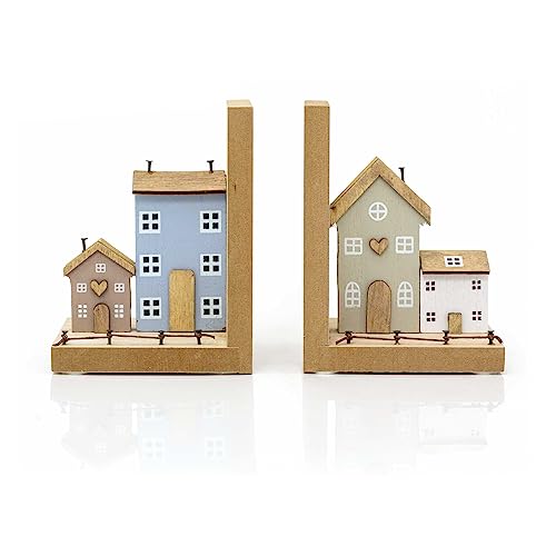 Buchstützen aus Holz | Paar Shabby Chic Reihenhaus Buchstützen | Set mit 2 Buchstützen aus Holz für Regale