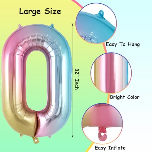 Image of Rozi Decoration 32 Inch Rainbow Theme 0 Number Foil Balloons for Birthday, Anniversary, 10 Year Bday Party Decorations Items | Number Balloon for Kids & Adults Decor Pack of 1 Pcs