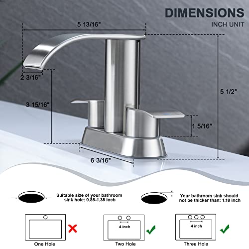 Waterfall Bathroom Sink Faucet Brushed Nickel, Two Handles Bathroom Faucet With Metal Pop Up Sink Drain Stopper, Two Holes Or 3 Holes Bathroom Basin Lavatory Mixer Tap With Deck Mount Plate #TOP2