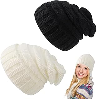 AKlamater 2pcs Winter Beanie Hat for Women Twist Knitted Hat Slouch Skull Cap Thermal Hat Warm Knitted Hat with Soft Fleece Lining