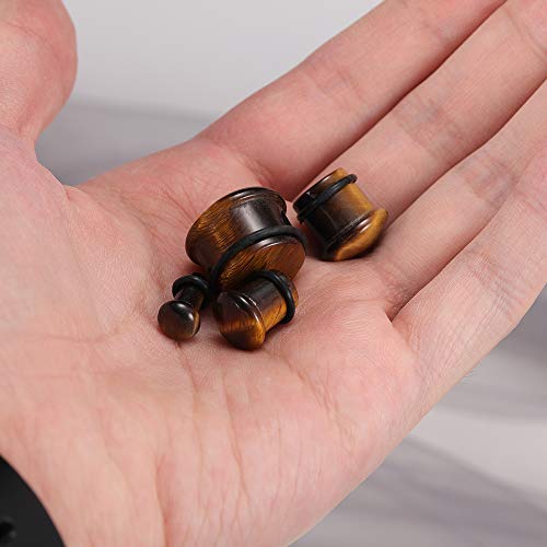 ZS Tiger Eye Natural Stone Brown Ear Plugs Single Flare Ear Gauges Expander with O-Ring Body Piercing2