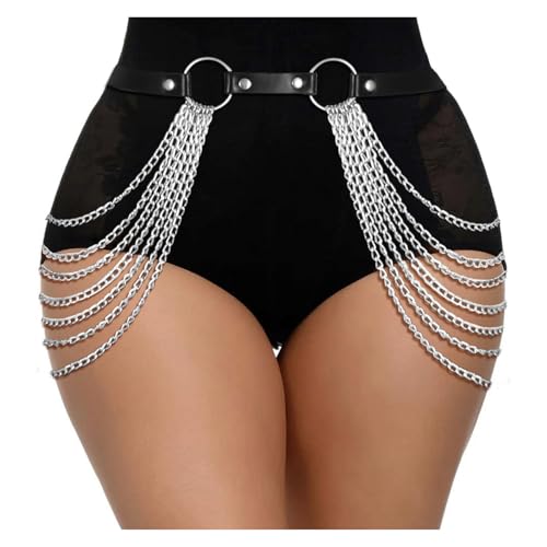 JASGOOD Punk Waist Chain Belt Black Leather Layered Belly Body Waist Chains Nightclub Rave Body Chain Belt for Women Girls