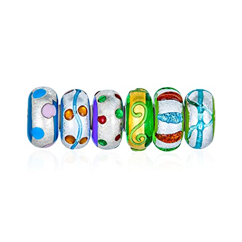 Bling Jewelry Conjunto De 6 De Cristal De Murano 3D Lámpara De Trabajo De Múltiples Colores Verde Azul Oro Foil Metálico Pintado A Mano Raya Puntos Y Remolino Encanto.925 De Plata Esterlina