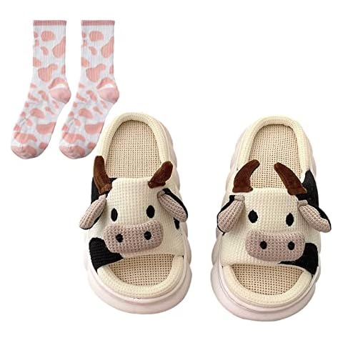 WEJDYKG Kawaii Cow Slippers, Cute Cow Slippers, Fuzzy Cow Slippers, Soft and Comfortable Animal Slippers Mute Linen Slides for Women, Cartoon Kawaii Thick Sole Cozy Animal Cow Slippers (B,36-37) Cover