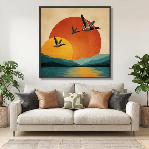 TONGYINLI Cuadro de patos ánade real volando sobre un lago, láminas vintage de atardeceres en lienzo, arte mural de paisajes de montaña, pósteres de vida silvestre (40x40cm/sin marco)