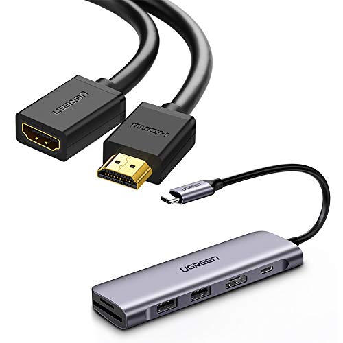 Bundle UGREEN USB C Hub 6 in 1 Type C to HDMI 4K, 2 USB 3.0 Ports, SD TF Card Reader, 100W PD Charging Adapter Dock Station with HDMI Extension Cable 1.5FT