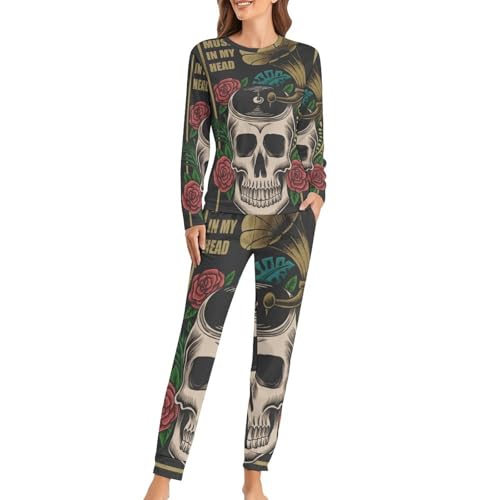 Pyjama femme musique de crâne ensemble t-shirt manches longues et pantalon homewear