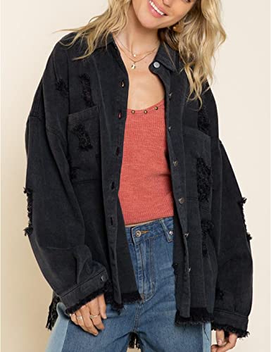 Lumister Womens Causal Oversized Soft Lightweight Distressed Jean Jacket Ripped Fringe Long Sleeve Denim Jacket Shacket((0222-Black-M) #TOP2