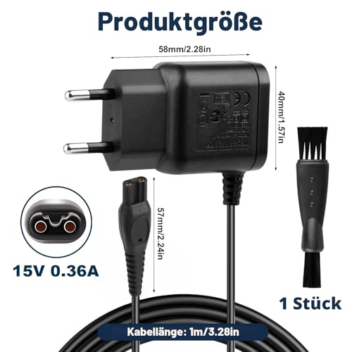15V 1M HQ8505 Ladegerät Ladekabel für Philips Rasierer, Kompatibel mit Philips 3000 5000 7000 9000 HC5630 MG5750 MG7745 QP6510 QP6651 BG5020 Barttrimmer Netzteil mit BartreinigUngsbürste