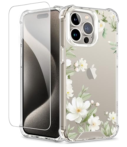 Coque iPhone 15 Pro Max antichoc fleurie avec protection d'écran intégrale