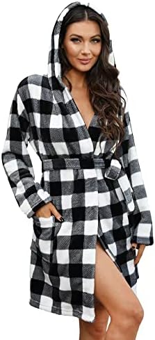 U2SKIIN Women Hooded Plush Robe, Printed Short Womens Fleece Robes With Hood Soft Warm Spa Bathrobe Fluffy House Loungewear(Buffalo Plaid-White, 2XL/3XL)