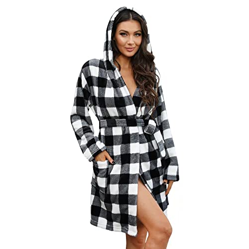 U2Skiin Women Hooded Plush Robe, Printed Short Womens Fleece Robes With Hood Soft Warm Spa Bathrobe Fluffy House Loungewear(Buffalo Plaid-White, 2Xl/3Xl) #TOP4