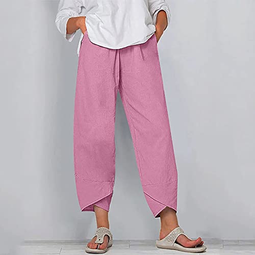 Image of Cotton Linen Capri Pants for Women 2025 Casual Printed Cropped Palazzo Pants Elastic Waist Lounge Baggy Trousers