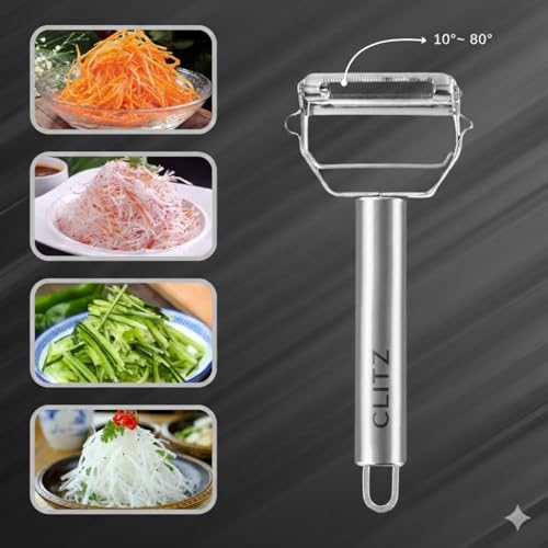 Image of CLITZ 2 in 1 Peeler Julienne for Salad, Potato Peeler, Vegetable Slicer, Multi-Functional, Fruit Slicer, Adjustable Veggie Shredder, Kitchen Noodle Cutter, Stainless Steel (Medium)