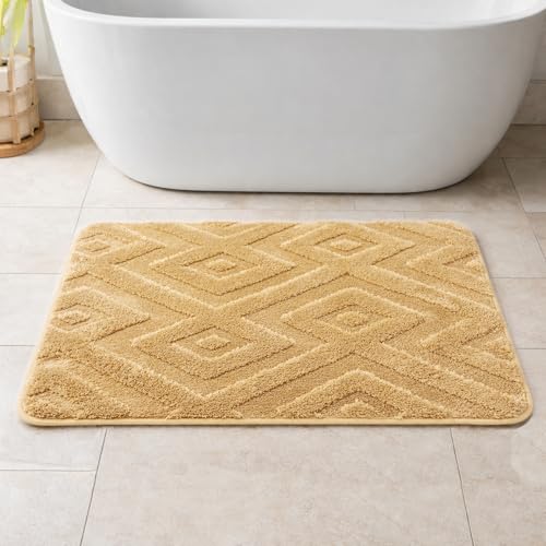 Image of LUXE HOME INTERNATIONAL Microfiber Bath Mat for Bathroom Anti Slip Water Soak Plush Soft Bahrain Intersect Door Mat for Home Bedroom Washable Floor Rug (40x58cm Gold) Pack of 1