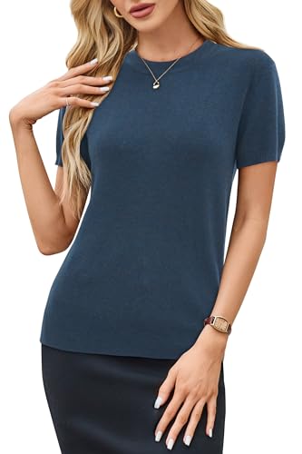 Image of Arach&Cloz Women's Lightweight Wool Blend Short Sleeve Sweater Top Business Casual