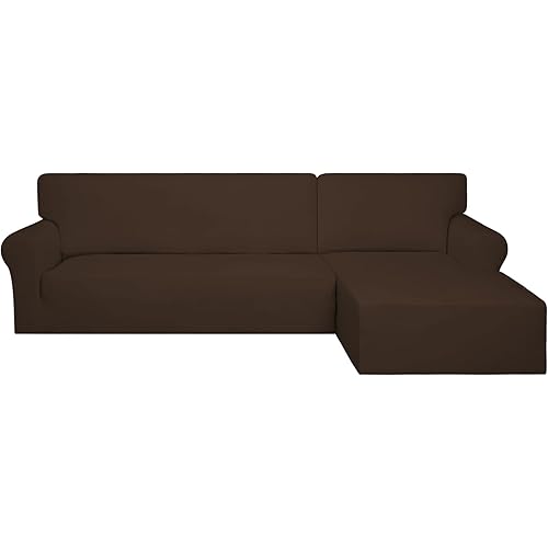 PureFit Super Stretch Sectional Couch Covers - 2 pcs Spandex Non Slip Sofa Covers with Elastic Bottom for L Shape Sectional Sofa Couch, Great for Kids & Pets (3 Seat Sofa + 2 Seat Chaise, Coffee)