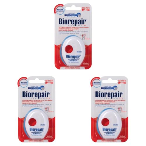 Biorepair, Filo Interdentale Cerato Ultrapiatto 30mt, Ideale per Spazi Stretti, con MicroRepair che Proteggono dalla Placca Batterica, Inibisce la Crescita Batterica Fino al 90%, per Igiene Orale