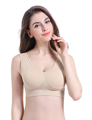 PRETTYWELL Sleep Bra for Women, Comfort Seamless Wireless Stretchy Sports Bra, 3 Pack Yoga Bra, with Removable Pads WA38, Black, White, Nude S - Thumbnail 2