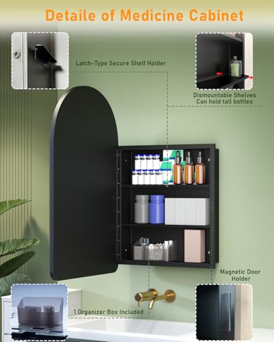 Image of 19.7 inchx31.5 inch Black Medicine Cabinet with Mirror and Organizer, Arched