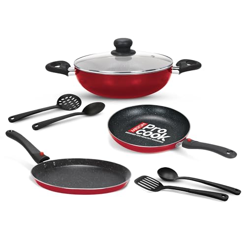 Milton Pro Cook Kitchen Pride Plus Granito I Set of 7 Non Stick Cookware | Non Induction I Cooking Pan, Kadhai with Lid, Tawa, Nylon Laddle & Spatula I Maroon Metallic