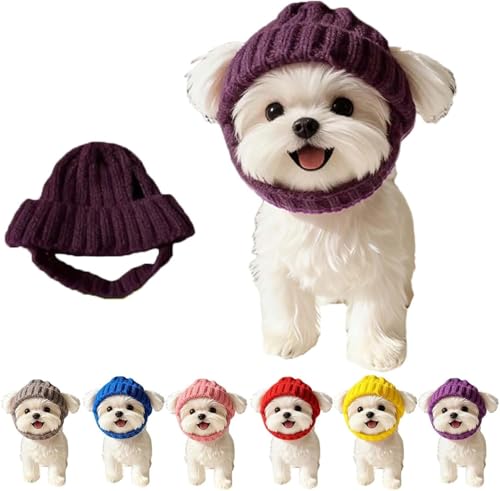 Red Wool Knit Dog Beanie with Ear Flaps - Warm Winter Hat, Flexible Fit That Stays Put for Small and Medium Breeds (Purple)