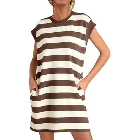 MITILLY Womens Summer Striped Tshirts Dresses Crewneck Cap Sleeve Color Block Casual Shif Short Dress with Pockets Large Brown Cover