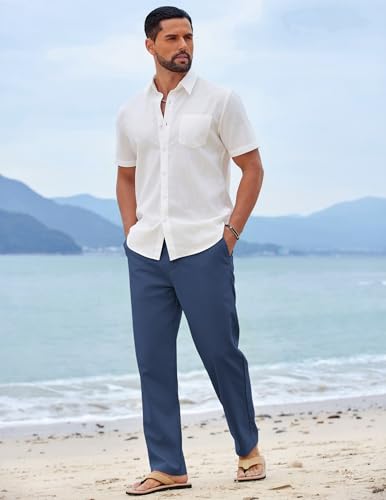 Image of COOFANDY Mens Cotton Linen Pants Casual Drawstring Summer Beach Pants Lightweight Linen Dress Trousers