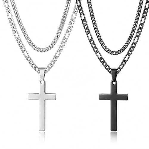 AOzT 4pcs Cross Necklace for Men - Mens Necklace Layered Stainless Steel Cross Necklace for Men Pendant Chain Silver Cross Necklaces for Men Jewelry 18-24 Inches Black