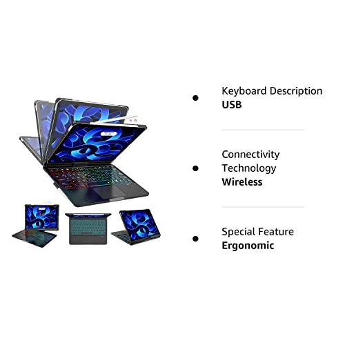 Kvago Ipad Air 5Th Generation 2022 Case With Keyboard- Smart Trackpad- 7 Color Backlight- 360° Rotatable- Touchpad Ipad Air 4Th Generation Case With Keyboard 2020 10.9 Inch With Pencil Holder, Black #TOP7