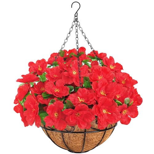 Ouddy Decor Artificial Hanging Flowers with Basket, Silk Azalea Flowers in Coconut Basket, Fake Hanging Plants Artificial Decor for Outdoor Indoor Yard Garden Patio Home Room Porch Decor (Red)