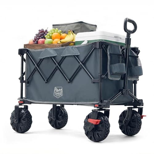 TIMBER RIDGE Carro plegable XXL de 250 L, neumáticos anchos con frenos, 150 kg, con soporte para bebidas, para camping, compras, jardín
