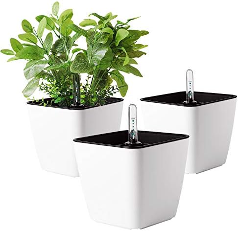 T4U Selbstbewässerungstopf Eckig 13 cm 3er Set mit Wasserstandsanzeige | Weißer Kunststoff, Wasserspeicher, Kräutertopf, Basilikum, Petersilie, Fensterbank, Innenbereich