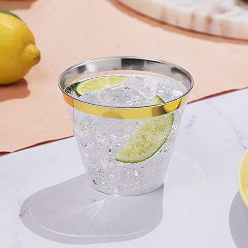 Hard Disposable Cups | Plastic Wine Cups | Plastic Cocktail Glasses | Plastic Drinking Cups | Bulk Party Cups | Wedding Tumblers | Clear Cups (100 Ct - Gold (9Oz)) #TOP2