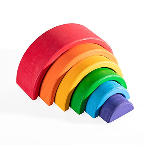 Grimm's Wooden Small Rainbow Stacking Toy 6pcs Mini Wooden Rainbow Blocks Stacker