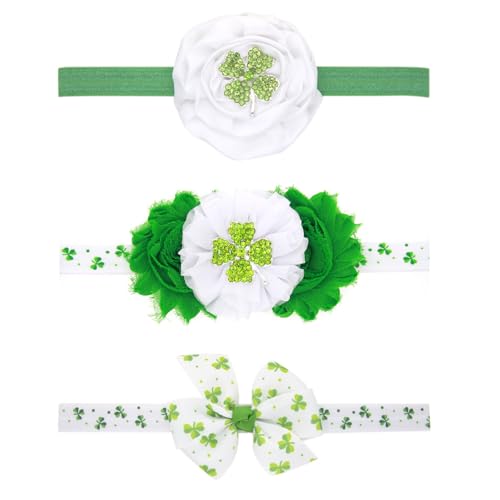 3 Pcs Baby Girls St. Patrick's Day Headbands Newborn Infant Toddlers Clover Flower Crown Bow Green Hairband Gift Christening Headbands for Baby Girls