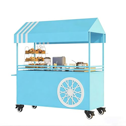 Carrito de hierro portátil con ruedas bloqueables, toldo a rayas, 140 cm, soporte de exhibición de alimentos para mercados al aire libre y eventos, fácil de montar (azul)