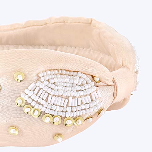 Embroidered Headband For Woman Hand Sewing Beaded Wide Elastic Hair Hoops Bohemia Boho Knotted Turban Headband Hairband Hair Accessories (White Beaded) #TOP4