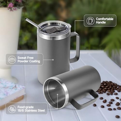 Volhoply 22 oz Insulated Coffee Mug with Lid and Straw, Stainless Steel Travel Mugs with Handle, Leak Proof Double Wall Coffee Cup for Hot and Cold Drinks (Gray,1 Pack) by Volhoply - Used condition - Image 4