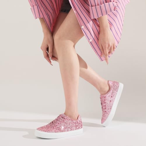 Jeekopeg Glitter Sparkly Fashion Sneakers Shiny Casual Shoes Bling Sequin Concert Low Cut Lace up Shoes(Pink Glitter,11 Women/9 Men)