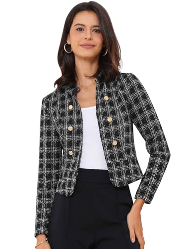 Allegra K Vintage Tweed Jackets for Women's Stand Collar Business Open Front Cropped Blazer Jacket Large Black White