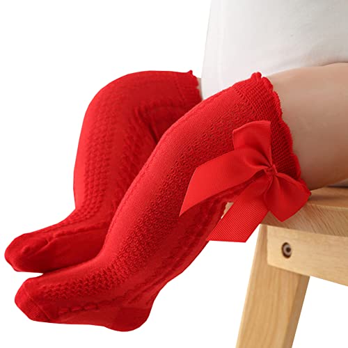 Baby Girls Knee High Socks Bow Thread Toddler Breathable Long Sock Cable Knit Tube (0-12 Months, Grey/Pink/Yellow/White/Red) #TOP5