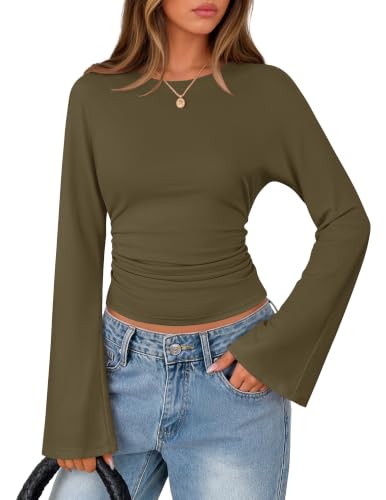 MEROKEETY Women's Bell Long Sleeve Tops Fall Trendy Shirts, ArmyGreen, XL