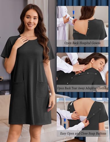 Deyeek Hospital Gowns for Women Open Back Short Sleeve Surgical Gown Tear Away Snap Pregnancy Dress With Pockets Black 2XL